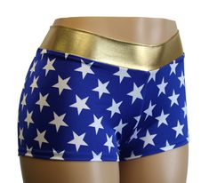 a woman's blue and white shorts with stars on the bottom, gold trim