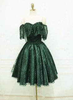 Beautiful Dark Green Lace Off Shoulder Short Party Dress. Lace Homecoming Dress Party Dress Lace, Tulle Sleeves, Short Party Dress, Dress Homecoming, Lace Homecoming Dresses, Short Prom Dress, Dress Bridesmaid, Short Prom, Green Lace