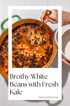 brothy white beans with fresh kale in a large pot on the counter