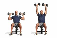 a man sitting on a bench holding two dumbbells in front of his head