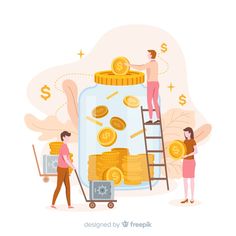 two people are standing on a ladder to reach the money in a jar with gold coins