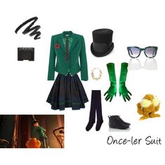 there is a costume and accessories on display in this image, including gloves, hat, glasses, green coat, tie, black boots, eyeglasses, and necklaces