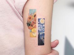 a woman with a tattoo on her arm holding up a piece of art that has sunflowers in it