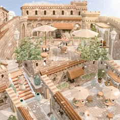 an artist's rendering of a courtyard with tables, umbrellas and seating areas