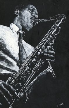 a black and white drawing of a man playing the saxophone