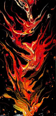 an abstract painting with red, yellow and orange colors on black background that resembles swirling lines