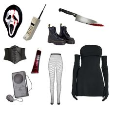 an assortment of costume items including shoes, headphones and a knife