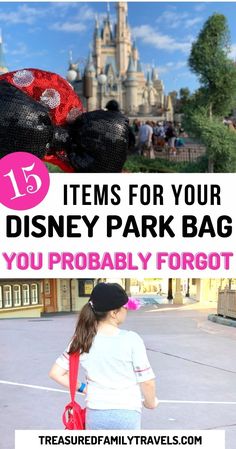 Top picture of Disney World's castle and bottom picture of girl holding a Disney Park Bag Park Bag Essentials, Disney World Secrets, Disney Secrets, Bag Checklist, Disney World Outfits