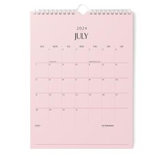 a pink desk calendar with the word july written in black on it, against a white background