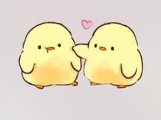 two yellow chicks facing each other with a pink heart