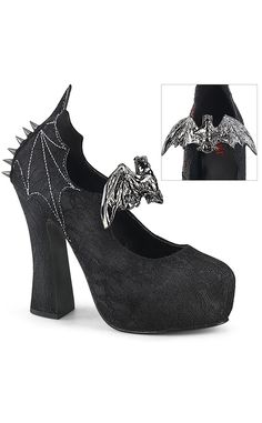 DEMON-18 Black Lace Bat Countess Heels-Demonia-Tragic Beautiful Black Mary Jane Heels, Demonia Boots, Metal Bat, Alternative Shoes, Single Sole Heels, Demonia Shoes, Festival Shoes, Punk Boots, Black Shoes Heels