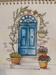 a drawing of a blue door with potted plants