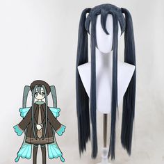 an anime wig with long black hair and blue eyes is next to a white mannequin