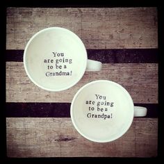 two coffee cups with the words you are going to be a grandma written on them