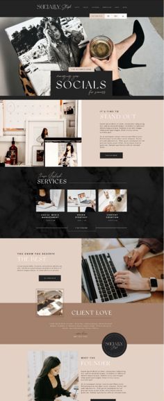 the website design for socials is shown in black and beige colors, with an image of