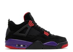 The Air Jordan 4 Retro NRG ‘Raptors’ hit stores in 2018, featuring a colorway inspired by the OG Air Jordan 7. Like its predecessor, the mid-top features a black nubuck upper with red and purple accents, the latter hue prominently featured on the shoe’s speckled midsole and Jumpman heel logo. A second Jumpman is embossed on the all-black tongue tag. Online Sneaker Store, Jordan 4’s, Red Jordans, Jordan Retro 4, Flight Club, Nike Air Jordan Retro, Sneaker Stores, Air Jordan Sneakers, Jordan 4 Retro