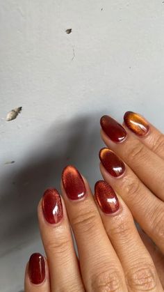 Fall Nails Square Design, Amber Gel Nails, Orange Magnetic Nails, Fall Nails Burnt Orange And Gold, What Nail Color Goes With My Skin Tone, 90s Nail Colors, Impressionist Nail Art, Orange Velvet Nails, Burnt Orange Cat Eye Nails