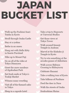 the japan bucket list is shown in pink