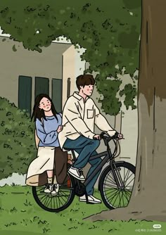 a man and woman riding a bike next to a tree