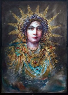 a painting of a woman wearing gold and blue