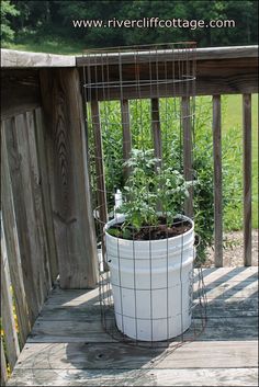 a white bucket filled with plants on top of a wooden deck next to a fence