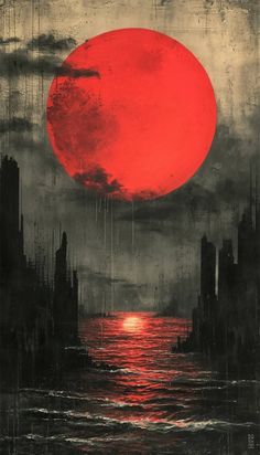 a painting of a red sun over the ocean