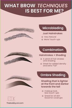 Discover the Perfect Brow Technique for You! Whether it's Microblading for a natural look, Combination for added depth, or Ombre Shading for a soft, powdered effect, The Look by Joi has the tips to help you achieve your ideal brows. Find out which technique suits you best and transform your style! #ThelookbyJoi #BeautyTips Eyebrow Ombre Shading, Eyebrow Mapping Perfect Brows, Brow Code Stain, Eye Brow Mapping, Combination Brows Microblading, Esthetician Learning, Combo Eyebrows, Microblading Technique, Good Eyebrows