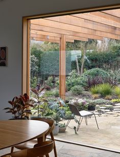 a dining room table and chairs in front of a sliding glass door that looks out onto a garden