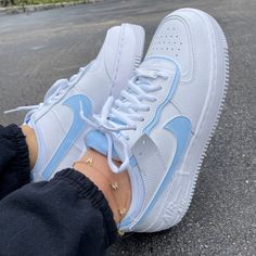 Baby Blue Shadow Nike AF1 (Women's) - DJ ZO Designs Nice Womens Shoes, White And Blue Nike Shoes, Blue Shoes Outfit Sneakers, Blue Airforce 1, Nike Shoes Women Trendy, Cute Shoes For Teen Girls, Baby Blue Outfits For Women, Trendy Shoes Sneakers For Women, Airforce 1 Women