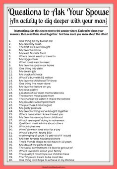 questions to ask your spouse! What other questions would you add to this list? Questions To Ask Your Spouse, Basic Questions, Idle Game, Marriage Relationship, The Perfect Guy, Marriage Tips, 1st Anniversary, Night Ideas, Happy Marriage