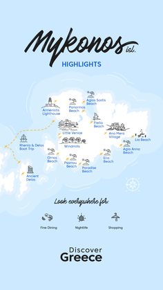 the map for mykonos and highlights, which includes several different attractions in greece