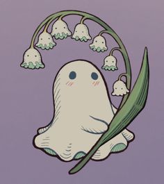 a ghost with lily of the valley flowers in its mouth