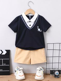 Multicolor Casual Collar Short Sleeve  Colorblock,Dinosaur  Embellished Slight Stretch  Young Boys Clothing Ross Clothes, Gentleman Outfit, Tee Shorts, Dinosaur Print, My Son, Toddler Boys, Color Blocking