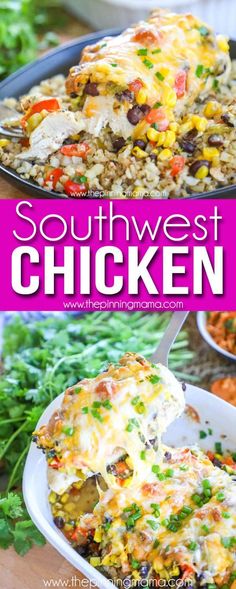 southwest chicken and rice casserole in a pan with the title overlay above it