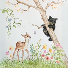 a painting of two bears and a deer on a tree with flowers in the background