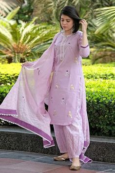 Shop for Abbaran Purple Mulmul Hand Block Print Kurta Set for Women Online at Aza Fashions Cotton Suit Designs, Printed Suit, A Line Kurta, Designer Kurtis, Spring Mood, Designer Dresses Casual, Boutique Dress Designs