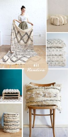 a collage of photos showing different types of pillows and rugs on the floor