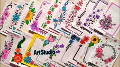 several sheets of paper with different designs on them and the words artstudio written in large letters