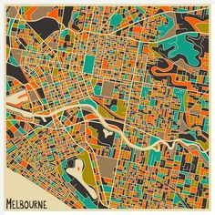 a map of melbourne, australia with all the streets and buildings in different colors on it