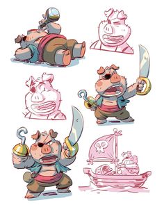 Cute Pirate Drawing, Pirates Reference, Monsters Character Design, Animal Pirate, Cartoon Pose, Derek Laufman, Pirate Character, Pig Character, Doodle Characters