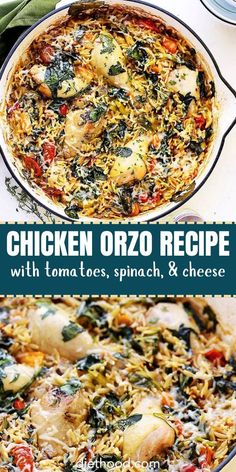 chicken orzo recipe with tomatoes, spinach, and cheese in a skillet