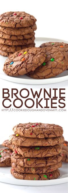 chocolate cookies with sprinkles are stacked on top of each other and the words brownie cookies above them