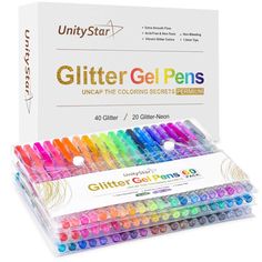 a box of glitter gel pens sitting next to each other