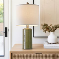 a table with a lamp and some books on it