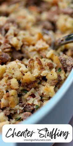 Stuffing in a blue dish with a silver spoon in it. Thanksgiving Posts, Boxed Stuffing, Stuffing For Thanksgiving, Homemade Stuffing, Autumn Side Dishes, Easy Weekday Meals, Bbq Sides, Easy Party Food, Easy Side Dish