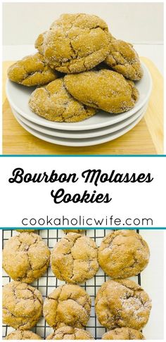 bourbon molasses cookies stacked on top of each other with the words bourbon molasses cookies above them