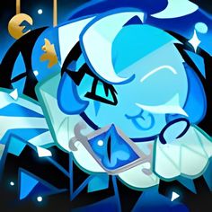 a cartoon character with blue hair and glasses on his face, in front of an abstract background