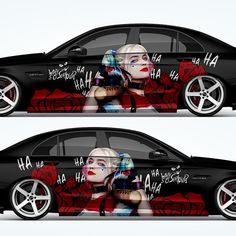 two side by side images of a black car with marilyn monroe on the front and back