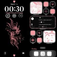 an iphone screen with pink and white designs on it's side, including the clock