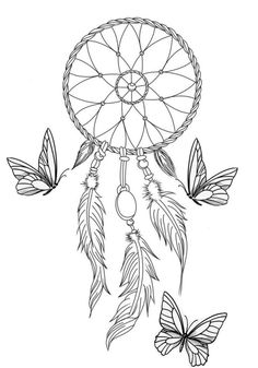 a drawing of a dream catcher with butterflies